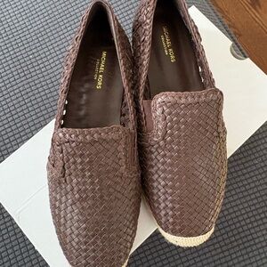 MICHAEL KORS COLLECTION Toni Brown Leather Woven Espadrilles
